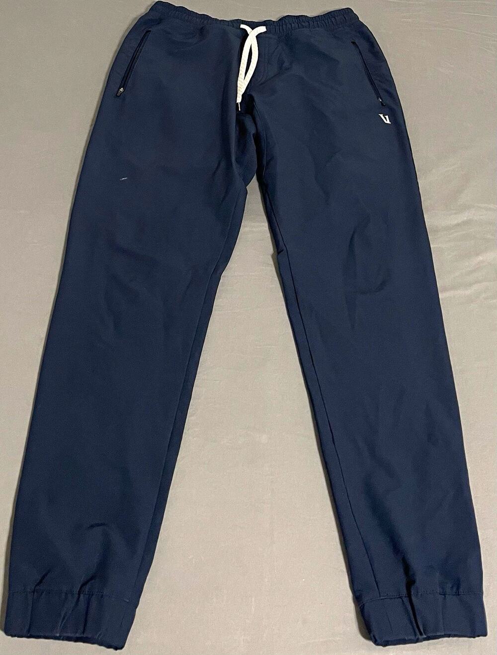 Vuori Mens Navy Jogger Pants 30x31 Zip Pockets Drawstring Small Tear